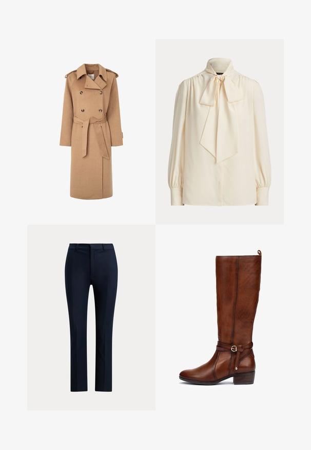 Gabardina de lana beige con botones de doble botonadura, cinturilla ceñida, amplio collar y epaulettes en los hombros. Textura suave y diseño hasta la rodilla.; Blusa de manga larga de color crema con cuello alto y gran lazo atado en el cuello, con hombros fruncidos y puños con botones.; Pantalones rectos a medida de color azul marino oscuro con trabillas para cinturón y cierre delantero con cremallera sobre fondo blanco.; Bota de piel marrón hasta la rodilla con puntera redonda, acento de hebilla lateral y tacón grueso. Superficie texturizada y detalle de correa decorativa.