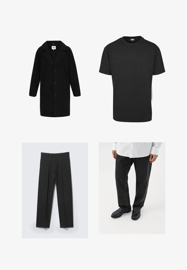 Manteau noir avec un col cranté, des manches longues et une coupe droite. Le tissu a une texture douce, présente des boutons et des poches latérales.; T-shirt en coton noir à manches courtes, col rond et coupe standard. Le tissu semble lisse et sans décoration.; Pantalon noir ajusté avec plis avant, poches latérales, passants de ceinture et fermeture par bouton à la taille sur un fond clair.; Pantalons en denim noir associés à des mocassins noirs brillants. La chemise est blanche avec de fines rayures verticales, avec des manches longues et un col boutonné.