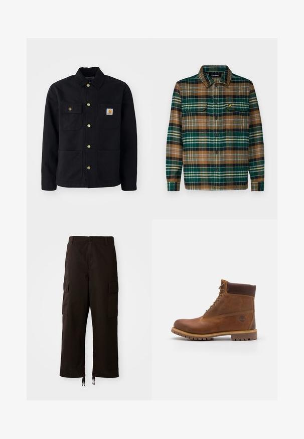 Zwarte jacket van duurzaam materiaal, met een kraag, gouden knopen, twee borstzakken en een vierkant logo-patch op de linkerzak.; Geruite flanellen overhemd in groen, bruin en zwart met een knoopsluiting aan de voorkant, twee borstzakken en een klein geborduurd logo op de linker zak.; Zwarte cargobroek met een relaxte pasvorm, voorzien van twee zijzakken, een knoopsluiting en verstelbare trekkoorden aan de onderkant.; Bruine leren wandelschoen met een gladde afwerking, gevoerde enkel, metalen oogjes en een rubberen zool met een robuust profiel.
