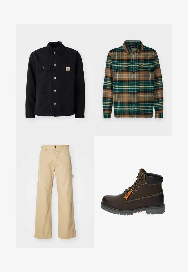Zwarte jacket van duurzaam materiaal, met een kraag, gouden knopen, twee borstzakken en een vierkant logo-patch op de linkerzak.; Geruite flanellen overhemd in groen, bruin en zwart met een knoopsluiting aan de voorkant, twee borstzakken en een klein geborduurd logo op de linker zak.; Beige wijde cargo broek met een knoopsluiting, voorzien van zijzakken, gemaakt van stevig katoen, met een soepele textuur en een recht gesneden ontwerp.; Bruine leren enkellaars met een grijze rubberen zool, oranje accentlabel en metalen oogjes. Kenmerken zijn contrasterende stiksels en een gevoerd kraagje.