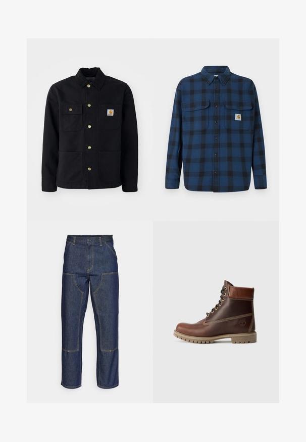 Zwarte jacket van duurzaam materiaal, met een kraag, gouden knopen, twee borstzakken en een vierkant logo-patch op de linkerzak.; Blauw en zwart geruit flanellen overhemd met lange mouwen, een knoopsluiting aan de voorkant, twee borstzakken en een merklabel op de linkerzak.; Donkerblauwe denim jeans met een hoge taille, rechte pijpen, contrasterende stiksels en opgestikte zakken aan de voorkant.; Bruine leren veterschoen tot de enkel met gevoerde kraag, contrasterende stiksels en een robuuste zool, getoond vanaf de buitenkant op een witte achtergrond.