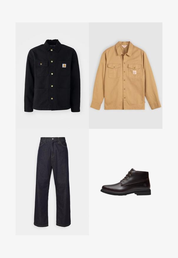 Zwarte jacket van duurzaam materiaal, met een kraag, gouden knopen, twee borstzakken en een vierkant logo-patch op de linkerzak.; Tan button-up shirt met lange mouwen, twee borstzakken en een klein label. Gemaakt van katoen met een gladde textuur en een klassiek kraagontwerp.; Donkerblauwe rechte spijkerbroek met gele stiksels, voorknop, ritssluiting en vijf pocket ontwerp.; Donkerbruine leren veterschoenen voor de enkels met zwarte zool en subtiel merklogo aan de zijkant, zijaanzicht tegen een witte achtergrond.