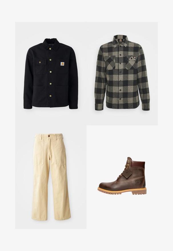Zwarte jacket van duurzaam materiaal, met een kraag, gouden knopen, twee borstzakken en een vierkant logo-patch op de linkerzak.; Zwart en grijs geblokt flanellen shirt met lange mouwen, knoopsluiting aan de voorkant, twee borstzakken en een licht gebogen zoom. Gegarneerde stof.; Beige wijde broek van katoen. Heeft een hoge taille, twee zijzakken met een vlak design en een enkele knoopsluiting.; Bruine leren enkelboot met een ronde neus, stevige zool, hardware in goudkleur en een gestructureerde bovenkant. Inclusief een merklabel dat is bevestigd.