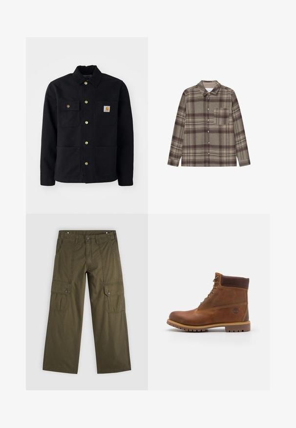 Zwarte jacket van duurzaam materiaal, met een kraag, gouden knopen, twee borstzakken en een vierkant logo-patch op de linkerzak.; Bruin geruite flanellen shirt met een klassieke kraag, lange mouwen, knopen aan de voorkant en een borstzak. Zachte textuur met subtiele patronen.; Olijfgroene cargobroek met wijde pijpen en klepzakken met knopen op de dijen en voorzakken aan de zijkant.; Bruine leren wandelschoen met een gladde afwerking, gevoerde enkel, metalen oogjes en een rubberen zool met een robuust profiel.