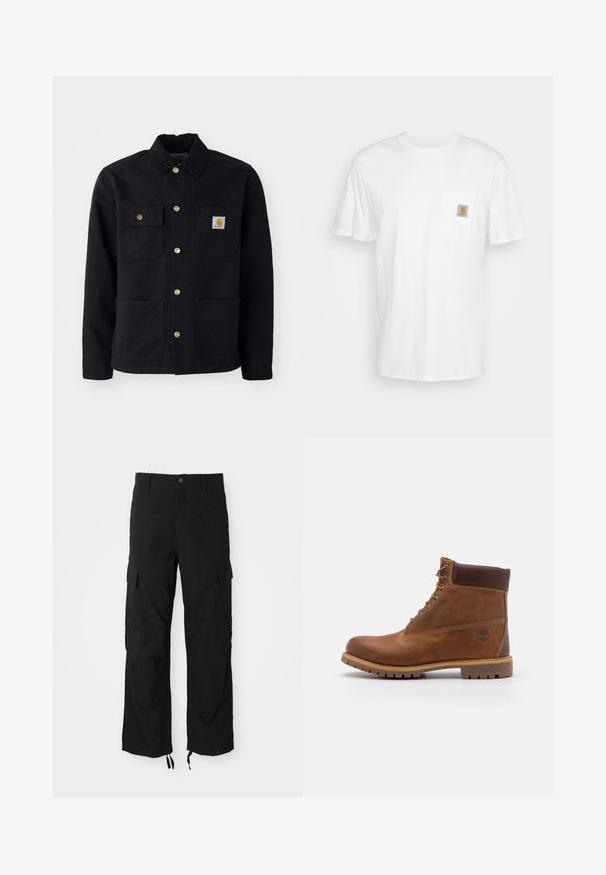 Zwarte jacket van duurzaam materiaal, met een kraag, gouden knopen, twee borstzakken en een vierkant logo-patch op de linkerzak.; Witte katoenen t-shirt met korte mouwen, een borstzak en een klein vierkant logo-opdruk in oranje en wit op de zak.; Zwarte cargobroek van duurzaam materiaal, voorzien van twee zijzakken, een knoopsluiting en verstelbare onderranden voor een losse, comfortabele pasvorm.; Bruine leren wandelschoen met een gladde afwerking, gevoerde enkel, metalen oogjes en een rubberen zool met een robuust profiel.