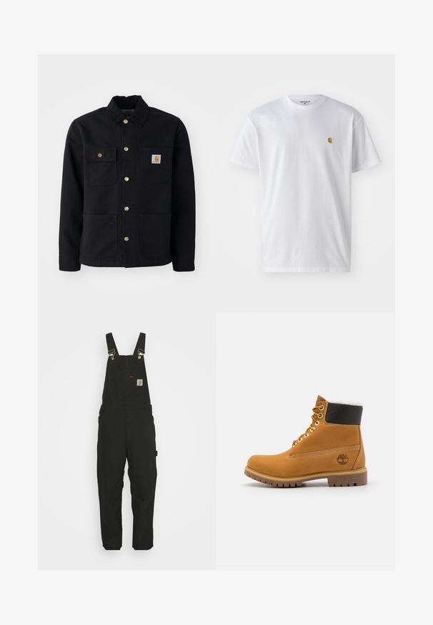 Zwarte jacket van duurzaam materiaal, met een kraag, gouden knopen, twee borstzakken en een vierkant logo-patch op de linkerzak.; Witte katoenen t-shirt met korte mouwen en ronde hals, voorzien van een klein gouden logo op de linkerkant van de borst. Zachte textuur en een normale pasvorm.; Zwarte katoen salopettes met verstelbare banden, een voorkantzak met logo patch en twee zijzakken in een relaxte pasvorm.; Bruine leren enkellaars met metalen oogjes, witte faux bont voering, zwarte gewatteerde kraag, robuuste zool en een reliëflogo aan de zijkant.
