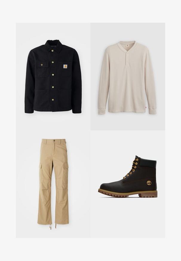 Zwarte jacket van duurzaam materiaal, met een kraag, gouden knopen, twee borstzakken en een vierkant logo-patch op de linkerzak.; Lange mouwen henley-shirt in lichtbeige ribbelstof, met een V-hals, een drieknoopsluiting en manchetten. Rode logo-label aan de onderkant.; Khaki cargobroek gemaakt van duurzaam materiaal, met meerdere zijzakken, een rechte pijpdesign en verstelbare koorden aan de zoom.; Zwarte leren enkellaars met gouden oogjes, bruine accenten en een rubberen zool. Heeft een gevoerde kraag en geperst logo aan de zijkant.