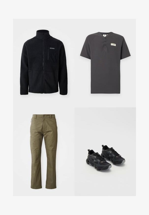 Sort fleecejakke med høj hals, fuld frontlynlås og lynlås-lomme på brystet. Tekstureret, blødt stof med minimale sømme.; Mørkegrå kortærmet Henley-shirt med tre knapper og et lille Columbia-logo på venstre bryst mod en hvid baggrund.; Khaki cargo bukser lavet af slidstærkt bomuldsstof, med sidelommer, lige ben og lynlåsåbning med knaplukning.; Sorte sportssko med en tekstureret mesh-overdel, der har en kraftig sål, snørebåndslukning og diskrete grå accenter.
