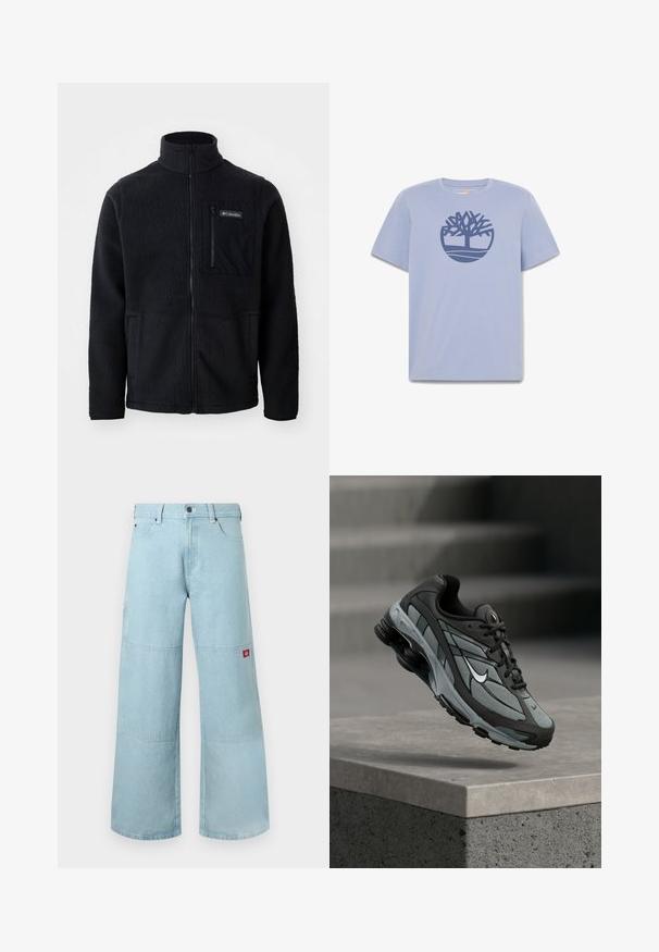 Schwarze Fleecejacke mit hohem Kragen, durchgehendem Reißverschluss und einer Reißverschlusstasche auf der Brust. Strukturiertes, weiches Material mit minimalen Nähten.; Hellblaues T-Shirt mit kurzen Ärmeln und einem dunkelblauen, stilisierten Baum-Logo in einem Kreis auf der Brust.; Hellblaue Jeans mit weitem Bein aus Denimstoff und kontrastierenden Patches. Verfügt über eine vordere Knopfleiste und einen kleinen Logo-Patch an der Seitentasche.; Grauer und schwarzer Sportschuh mit Netzpaneelen und dicker Sohle, schwebend in der Luft über einer Betonmauer mit Treppen im Hintergrund.