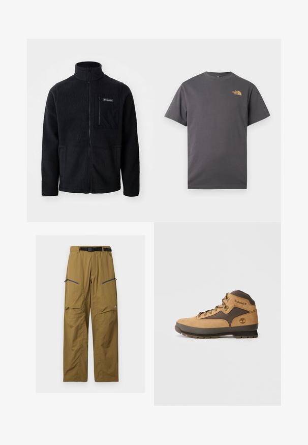 Zwarte fleece jas met hoge kraag, volledige ritssluiting aan de voorkant en een ritszak op de borst. Geweven, zachte stof met minimale naden.; Donkergrijze t-shirt met korte mouwen en ronde hals met klein geel "The North Face" logo op de linker bovenborst.; Kaki outdoorbroek met zwarte verstelbare riem, twee zakken op de dij met rits en kniezomen, getoond tegen een effen achtergrond.; Bruine suède wandelschoen met donkerbruine accenten, metalen oogjes en gripzool. Timberland-logo geperst op de zijkant. Halflange ontwerp.