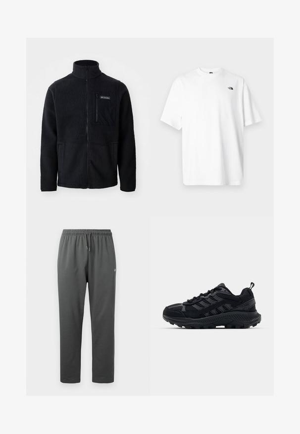 Sort fleecejakke med høj hals, fuld frontlynlås og lynlås-lomme på brystet. Tekstureret, blødt stof med minimale sømme.; Hvid bomuld t-shirt med korte ærmer, V-udskæring, med en lille sort logo på øverste venstre side. Blød tekstur, afslappet pasform.; Mørkegrå fleece-sweatpants med elastisk taljebånd og snor, med en lille logo på højre lår.; Sorte atletiksko med tekstureret mesh og overdel i ruskind, forstærket tå og robust ydersål. Har snørelukning og en pull-tab.