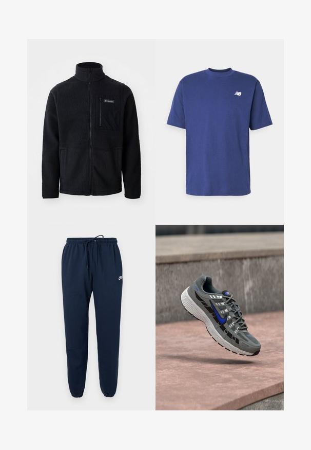 Sort fleecejakke med høj hals, fuld frontlynlås og lynlås-lomme på brystet. Tekstureret, blødt stof med minimale sømme.; Bomulds T-shirt i dyb marineblå. Korte ærmer, rund hals, med et lille hvidt logo på venstre bryst. Glat tekstur, klassisk pasform.; Mørkeblå joggingbukser lavet af blødt stof med elastisk taljebånd og snor samt elastiske manchetter, med en lille hvid Nike-logo.; Grå og sort Nike løbesko med blå swoosh og hvid sål, svævende over en stenovertflade.
