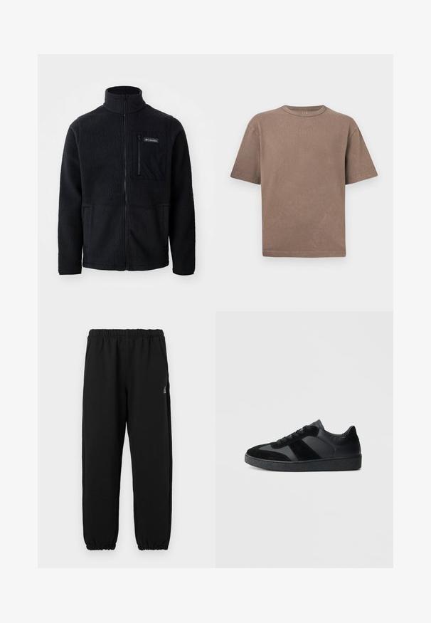Schwarze Fleecejacke mit hohem Kragen, durchgehendem Reißverschluss und einer Reißverschlusstasche auf der Brust. Strukturiertes, weiches Material mit minimalen Nähten.; Schlichtes braunes T-Shirt aus Baumwolle mit kurzen Ärmeln, Rundhalsausschnitt und lockerem Sitz, dargestellt vor einem hellgrauen Hintergrund.; Schwarze Sweathosen aus weichem Stoff, ausgestattet mit einem elastischen Taillenbund, elastischen Bündchen und einem kleinen Logodetail auf der linken Seite.; Schwarze Sneaker aus einer Mischung von glattem Leder und Wildleder, mit einer strukturierten schwarzen Gummisohle und dezenten Streifendetails.