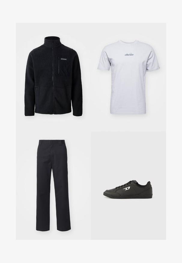 Zwarte fleece jas met hoge kraag, volledige ritssluiting aan de voorkant en een ritszak op de borst. Geweven, zachte stof met minimale naden.; Lichtgrijs katoenen t-shirt met een ronde hals, korte mouwen en een subtiel blauw "ellesse" logo op de borst. Zachte textuur en standaard pasvorm.; Zwarte rechte broek van een katoenmix. Heeft een platte tailleband met riemlussen en geen zichtbare hardware of versieringen.; Zwarte sneakers van synthetisch materiaal met een geribbelde zwarte zool, ronde neus en vlakke zwarte veters. Opvallend wit logomerk aan de buitenzijde.