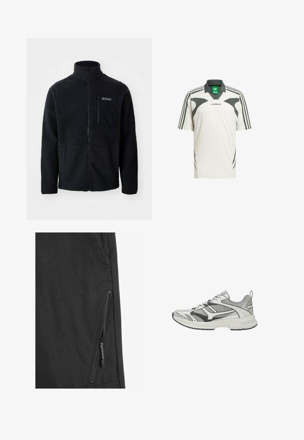Schwarze Fleecejacke mit hohem Kragen, durchgehendem Reißverschluss und einer Reißverschlusstasche auf der Brust. Strukturiertes, weiches Material mit minimalen Nähten.; Weißes Kurzarm-Poloshirt mit dunkelgrauen Akzenten, einem V-Ausschnitt und drei Streifen entlang der Schultern. Markenlogo auf der Vorderseite.; Schwarzer Jackenstoff mit matter Oberfläche, ausgestattet mit einer seitlichen Reißverschlusstasche, feiner Nahtarbeit und einem eleganten modernen Design.; Weißer und grauer Mesh-Sneaker mit schwarzen Akzenten, Schnürverschluss vorne, dicker Sohle und Zuglasche an der Ferse, Seitenansicht.