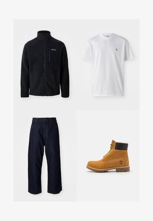 Zwarte fleece jas met hoge kraag, volledige ritssluiting aan de voorkant en een ritszak op de borst. Geweven, zachte stof met minimale naden.; Witte katoenen t-shirt met korte mouwen en ronde hals, voorzien van een klein gouden logo op de linkerkant van de borst. Zachte textuur en een normale pasvorm.; Donkerblauwe denim broek met een comfortabele pasvorm, voorzien van een knoopsluiting, riemlussen en gele stiksels op de zakken en naden.; Bruine leren enkellaars met metalen oogjes, witte faux bont voering, zwarte gewatteerde kraag, robuuste zool en een reliëflogo aan de zijkant.