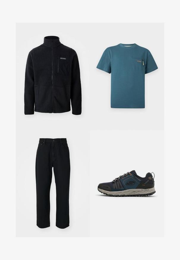 Sort fleecejakke med høj hals, fuld frontlynlås og lynlås-lomme på brystet. Tekstureret, blødt stof med minimale sømme.; Blå crewneck T-shirt med korte ærmer og lynlåslomme på brystet med en Columbia-logo.; Sorte denim jeans med lige snit, letvægts stof, fem-lomme design og en knaplukning i taljen.; Mørkeblå atletisk sko med tekstureret mesh-overdel, grå accenter og orange snørebånd. Har en polstret sål med en robust sål.