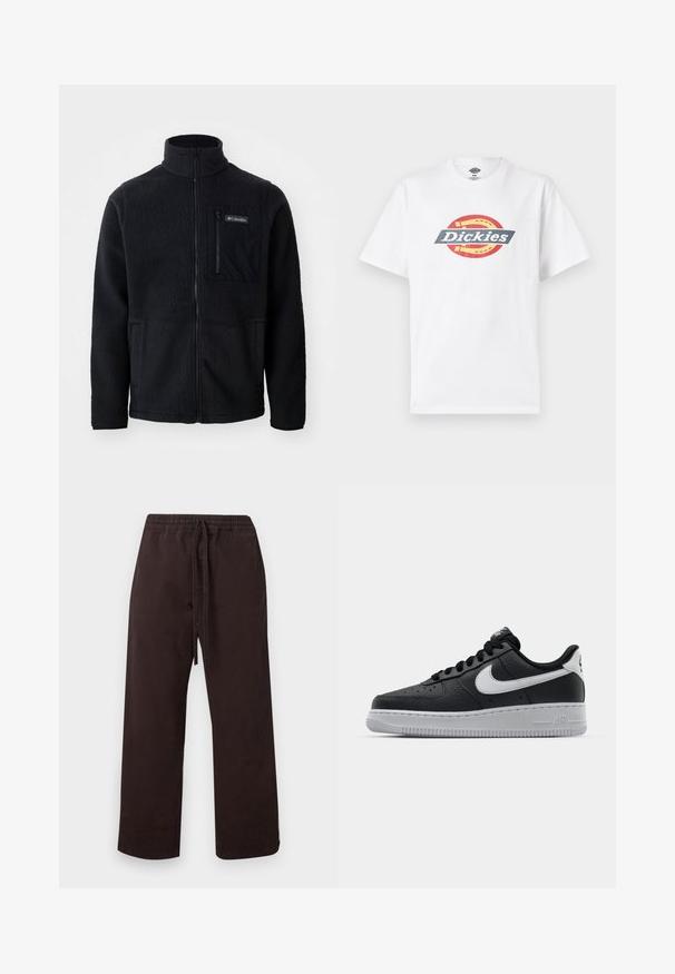 Schwarze Fleecejacke mit hohem Kragen, durchgehendem Reißverschluss und einer Reißverschlusstasche auf der Brust. Strukturiertes, weiches Material mit minimalen Nähten.; Weißes Baumwoll-T-Shirt mit einem mehrfarbigen, runden Logo und dem Schriftzug "Dickies" in fetten Buchstaben. Kurzärmlig, Rundhalsausschnitt und glatte Textur.; Dunkelbraune Freizeithose mit elastischem Bund und Kordelzug, gerade Beinführung, vor hellem Hintergrund dargestellt.; Schwarze Ledersneaker mit strukturierten Oberflächen, weißem Nike-Swoosh, grauer Sohle, runder Zehenpartie und Schnürdesign. Verfügt über Perforationen an der Zehenbox.