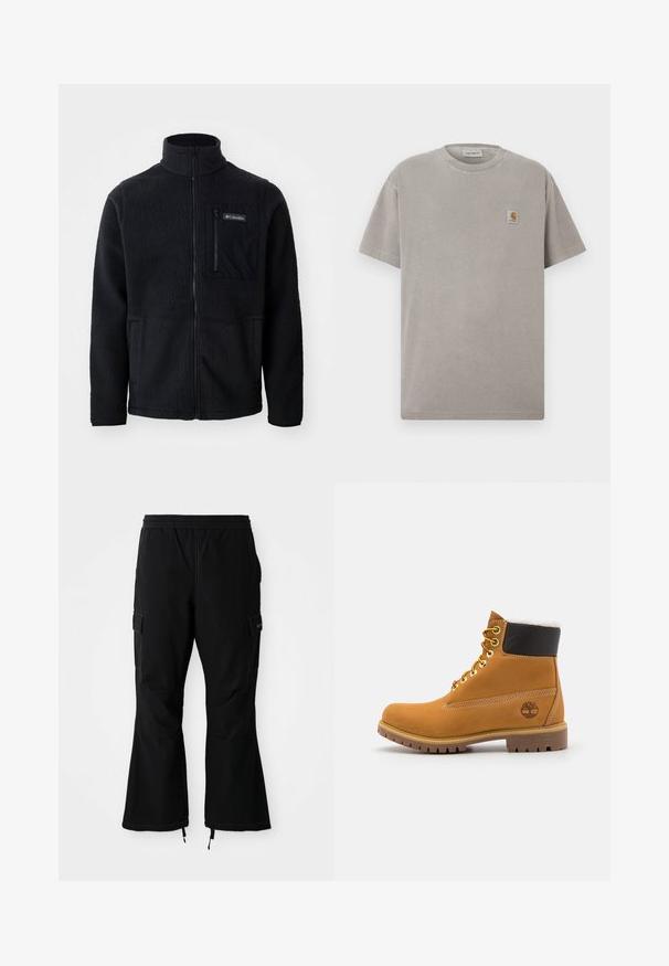 Sort fleecejakke med høj hals, fuld frontlynlås og lynlås-lomme på brystet. Tekstureret, blødt stof med minimale sømme.; Grå bomuld t-shirt med korte ærmer, rund hals og en lille firkantet logo-patch på venstre bryst. Glat tekstur og afslappet pasform.; Sorte cargo-bukser med elastisk talje, som har sidelommer og brede ben med lynlåse ved ankelmanchetterne, præsenteret mod en hvid baggrund.; Brune læder ankelstøvle med metaløjer, hvid pelsforing, sort polstret krave, robust sål og præget logo på siden.