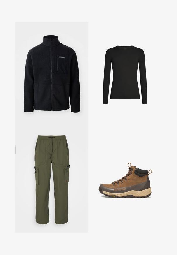 Sort fleecejakke med høj hals, fuld frontlynlås og lynlås-lomme på brystet. Tekstureret, blødt stof med minimale sømme.; Sort, tætsiddende langærmet T-shirt med rund hals og et diskret Icebreaker-logo på venstre ærme, vist på en hvid baggrund.; Oliven grøn cargo bukser lavet af let materiale, med elastisk talje, snorelukning og flere lynlåslommer.; Brun og beige vandrestøvle i mellem højde med sort polstret krave, Gore-Tex-logo, metaløjer og Vibram-ydersål.