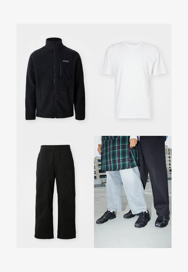 Sort fleecejakke med høj hals, fuld frontlynlås og lynlås-lomme på brystet. Tekstureret, blødt stof med minimale sømme.; Hvid bomulds T-shirt med korte ærmer, rund halsudskæring og en glat tekstur. Enkel design uden mønstre eller grafik.; Sorte bomuldsbukser med elastisk talje, vid bendesign og store sidelommer. Stoffet virker blødt med en glat tekstur.; Sorte atletik sko med mesh- og gummidetaljer. Båret med lysegrå vide jeans og en ternet grøn bluse. Flad overflade i baggrunden.