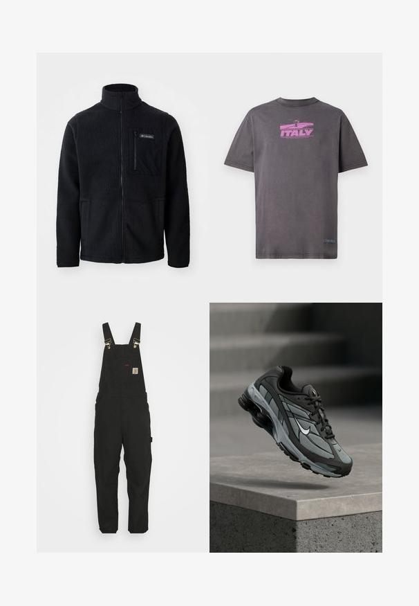 Zwarte fleece jas met hoge kraag, volledige ritssluiting aan de voorkant en een ritszak op de borst. Geweven, zachte stof met minimale naden.; Iceberg T-shirt print - grigio scuro; Zwarte katoen salopettes met verstelbare banden, een voorkantzak met logo patch en twee zijzakken in een relaxte pasvorm.; Grijze en zwarte sportieve sneaker met meshpanelen en dikke zool, zwevend in de lucht boven een betonnen richel met trappen op de achtergrond.