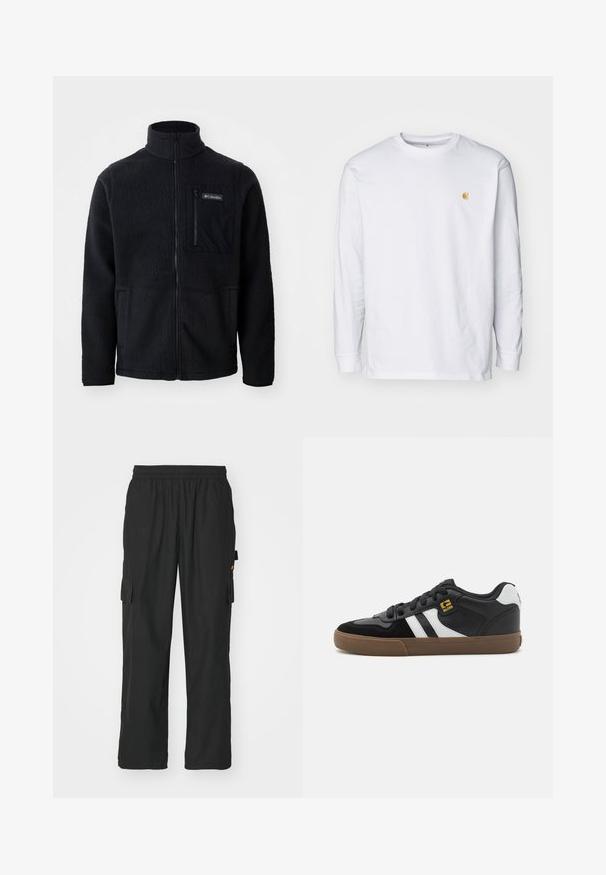Zwarte fleece jas met hoge kraag, volledige ritssluiting aan de voorkant en een ritszak op de borst. Geweven, zachte stof met minimale naden.; Witte lange mouwen t-shirt van katoen. Voorzien van een klein gouden logo op de borst en een ronde hals. Eenvoudig ontwerp en standaard pasvorm.; Zwarte cargobroek van lichtgewicht stof, met twee zijzakken, een elastische tailleband en een ontspannen pasvorm.; Zwart-witte sneakers met een bovenwerk van suède en leer, voorzien van witte strepen, zwarte veters en een bruine rubberen zool. Gouden logo-accenten.