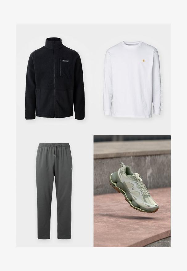 Sort fleecejakke med høj hals, fuld frontlynlås og lynlås-lomme på brystet. Tekstureret, blødt stof med minimale sømme.; Hvid langærmet t-shirt lavet af bomuld. Har et lille gyldent logo på brystet og en rund halsudskæring. Enkel design og standard pasform.; Mørkegrå fleece-sweatpants med elastisk taljebånd og snor, med en lille logo på højre lår.; Lysegrøn atletiksko med tyk, polstret sål og mesh-detaljer, svævende over stentrapper i udendørs omgivelser.