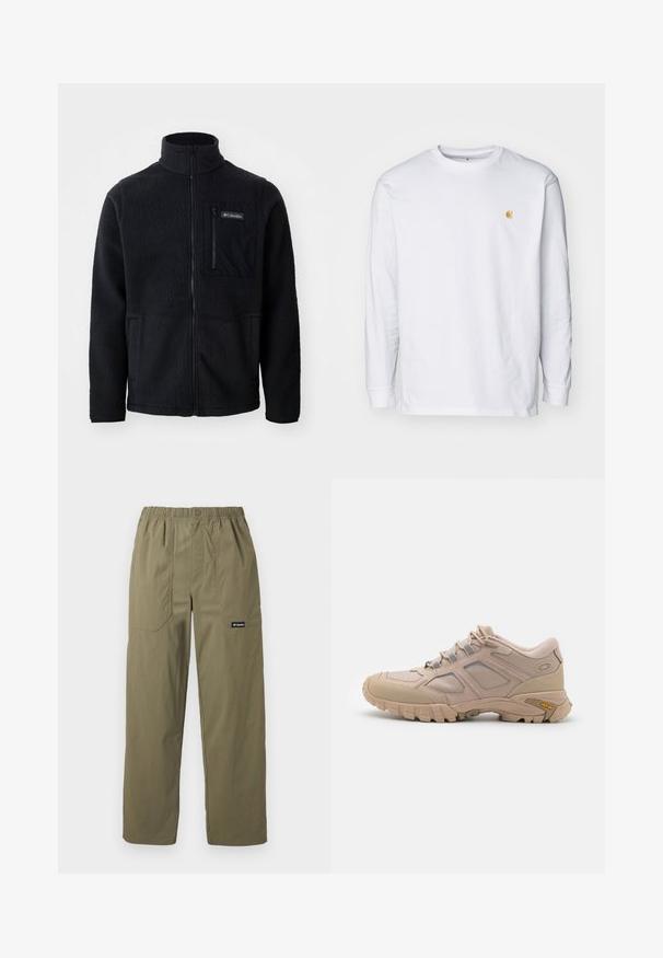 Zwarte fleece jas met hoge kraag, volledige ritssluiting aan de voorkant en een ritszak op de borst. Geweven, zachte stof met minimale naden.; Witte lange mouwen t-shirt van katoen. Voorzien van een klein gouden logo op de borst en een ronde hals. Eenvoudig ontwerp en standaard pasvorm.; Olijfgroene broek met rechte pijpen, elastische tailleband, voorzakken met opgestikte zakken, knoopsluiting en Columbia-logo op de rechterzak.; Beige hardloopschoen met een gestructureerde mesh bovenkant, synthetische overlay en een Vibram zool. Voorzien van vetersysteem en details op de zijpanelen.