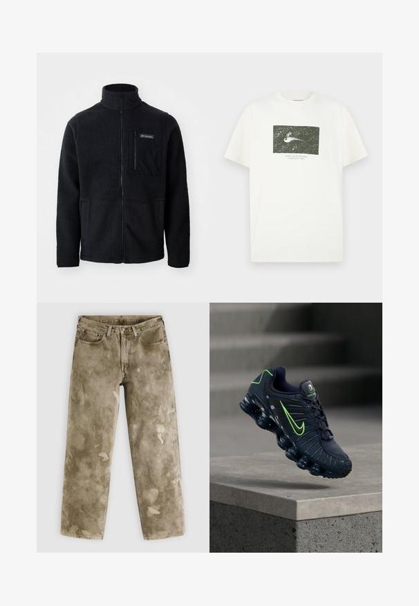 Zwarte fleece jas met hoge kraag, volledige ritssluiting aan de voorkant en een ritszak op de borst. Geweven, zachte stof met minimale naden.; Witte T-shirt met een zwarte rechthoekige afbeelding van een persoon die op een komeet door de ruimte rijdt en de tekst "Ride Your Dreams Carhartt WIP" eronder.; Wijde jeans in kaki met een versleten textuur, voorzien van lichte verfspatten en een ontwerp met vijf zakken. Gemaakt van denim.; Donkerblauwe Nike hardloopschoen met neon groene swoosh en accenten, zwevend boven een betonnen oppervlak met grijze trappen op de achtergrond.