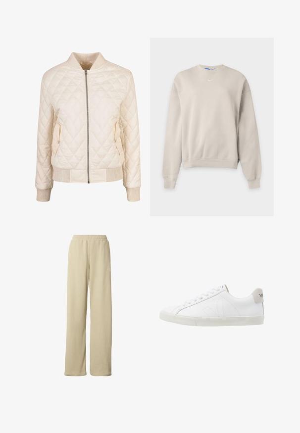 Veste bomber crème matelassée avec col et poignets côtelés, dotée de deux poches latérales avec fermetures à pression et d'une fermeture éclair sur le devant.; Sweat-shirt Nike beige clair col rond à manches longues, avec poignets et bas côtelés, et petit logo Nike swoosh blanc sur la poitrine.; Pantalon large beige côtelé avec taille élastique et petit logo blanc discret sur la partie supérieure de la cuisse.; Baskets en cuir blanc avec une semelle en caoutchouc texturée et blanc cassé. Les caractéristiques incluent des lacets, des coutures discrètes et un accent en daim gris au niveau du talon.