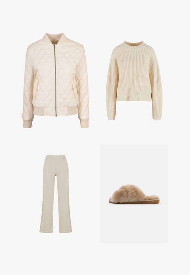Veste bomber crème matelassée avec col et poignets côtelés, dotée de deux poches latérales avec fermetures à pression et d'une fermeture éclair sur le devant.; Pull en tricot crème avec un col haut en côtes, des manches larges et un motif texturé sur l'ensemble. Design court avec un ourlet en côtes.; Pantalons larges beige avec une texture en ribbed lisse, taille élastique et sans ornements visibles, offrant une silhouette décontractée.; Chausson en peluche beige avec une texture douce, à dos ouvert et doublure intérieure. Semelle plate avec une base marron clair et des coutures beiges.