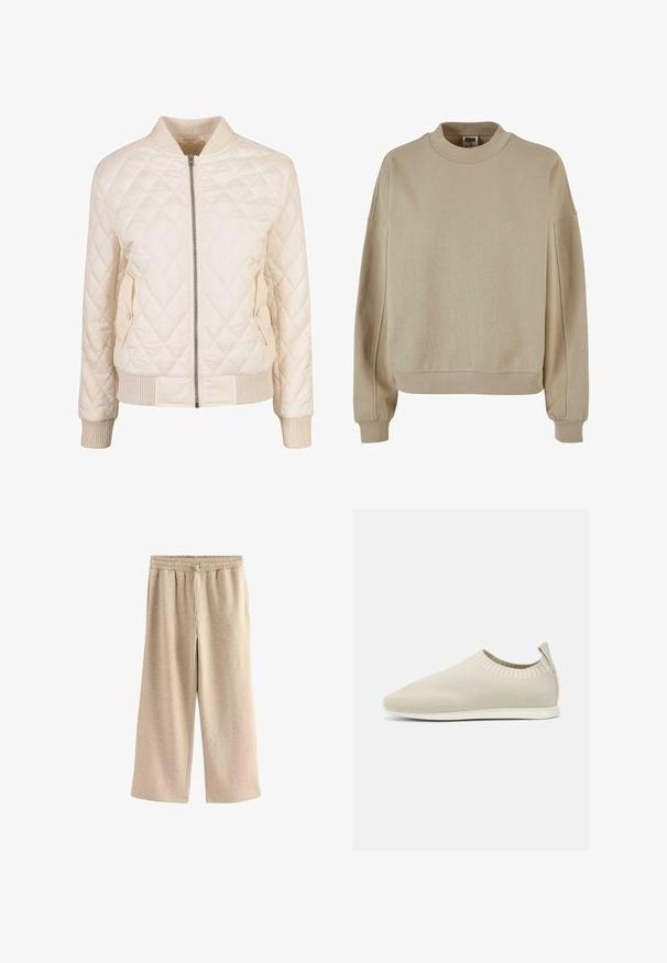 Quiltet creme bomberjakke med ribbet krave og manchetter, der har to sidelommer med trykknapslukninger og lynlåslukning foran.; Beige sweatshirt med høj krave, ribbede manchetter og afslappet pasform. Materialet ser blødt ud med en tekstureret overflade.; Cremefarvede breddebenede bukser lavet af blødt bomuldsblandingsstof. Har en elastisk talje med snor og en subtil plettet tekstur.; Beige strikket slip-on sko med lav profil, tekstureret overdel og fleksibel sål. Har et vævet design omkring anklene for komfort.