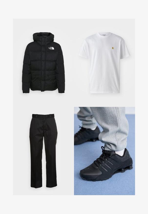 Chaqueta acolchada negra con capucha, que presenta un diseño acolchado y un logo en el lado izquierdo del pecho. Fabricada en nailon con una textura suave.; Camiseta de algodón blanca con mangas cortas, cuello redondo, que presenta un pequeño logo dorado en la parte izquierda del pecho. Textura suave y corte regular.; Pantalones negros hechos de una tela suave, con un diseño de pierna recta, trabillas para cinturón y dos bolsillos laterales. Un aspecto clásico sin adornos.; Persona vestida con zapatillas Nike Shox negras y pantalones de chándal grises, de pie sobre una alfombra azul claro.