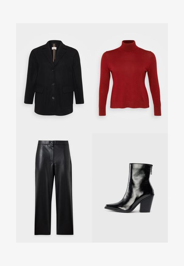 Sort uldblandet frakke med spidse klapper, frontlukning med knapper, to frontlommer og en glat tekstur. Lodrette striber på den indre foer.; Rød turtleneck sweater i et ribbet stof med lange ærmer og en tætsiddende silhuet. Kantene er lige, uden yderligere mønstre eller accenter.; Sorte brede bukser i imiteret læder med knap- og lynlåslukning foran, vist på en ensartet lys baggrund.; Sorte læder ankelstøvler med en blank finish, spidse tæer og blokhæle. Har en sidezipper for nem på- og aftagning.