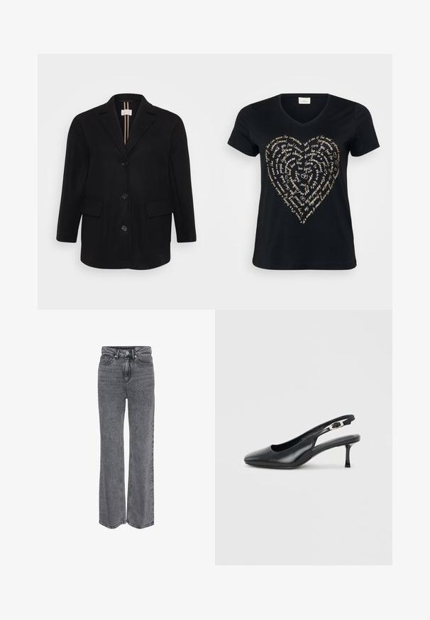 Sort uldblandet frakke med spidse klapper, frontlukning med knapper, to frontlommer og en glat tekstur. Lodrette striber på den indre foer.; Sort V-hals T-shirt med et hjerteformet tekstdesign i lys beige, der indeholder ord om kærlighed, medfølelse og forpligtelse i kursiv.; Grå denimjeans i høj talje og med lige ben, med frontknap, lynlåslukning og klassisk design med fem lommer.; Sort læder slingback-sko med spids snude, lav, slank kittenhæl og justerbar spænde på en ensfarvet lys baggrund.