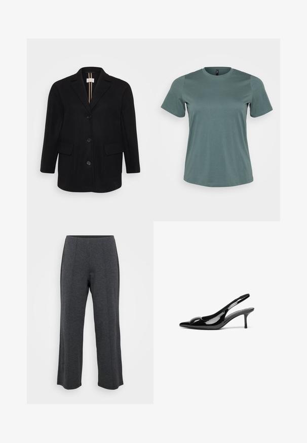 Abrigo de mezcla de lana negro con solapa muescada, cierre delantero de botones, dos bolsillos delanteros y una textura suave. Rayas verticales en el forro interior.; Camiseta de manga corta en verde apagado, con escote redondo, hecha de una suave mezcla de algodón, que presenta una textura lisa y un corte relajado.; Pantalones de pierna ancha en gris oscuro, hechos de una tela suave y elástica. Presentan una cinturilla suave y un frente plano con pliegues sutiles para un detalle adicional.; Tacones slingback de charol negro con punta afilada y acabado brillante. Presentan un tacón delgado y un acento redondeado en el empeine.