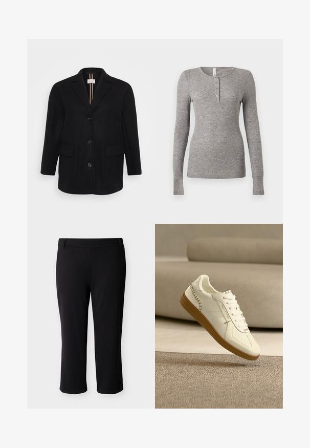 Schwarzer Wollmischmantel mit Reverskragen, vorderem Knopfverschluss, zwei vorderen Taschen und glatter Textur. Vertikale Streifen auf dem Innenfutter.; Graues langärmliges Henley-Shirt aus geripptem Stoff, mit rundem Ausschnitt und einer Knopfleiste mit drei Knöpfen. Eng anliegende Passform mit nahtlosen Bündchen.; Schwarze Caprihosen aus dehnbarem Stoff, mit flacher Bundfront und geraden Beinen, die knapp unter dem Knie enden.; Weißer Sneaker mit Gummisohle und genähten Details, schwebend über beigem, strukturiertem Teppich mit beigem Sofa im weichen Hintergrund.
