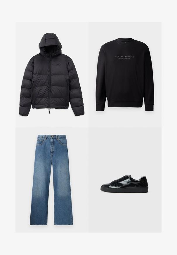 Schwarze Pufferjacke mit Kapuze, die eine kastige Form, gepolsterte Abschnitte, Reißverschlusstaschen und ein kleines Logo-Patch auf der Brust hat.; Schwarzer Rundhalsausschnitt-Sweatshirt mit eingeprägtem Text "ARMANI EXCHANGE MILANO / NEW YORK" auf der Vorderseite. Der Stoff ist glatt mit gerippten Bündchen.; Breite blaue Denim-Jeans mit klassischem Fünf-Taschen-Design, Knopfverschluss vorne und leichtem Verblassen für Textur.; Schwarze Lackledersneaker mit runder Zehenform, Schnürdesign, strukturiertem Gummisohle und glatter Oberfläche.