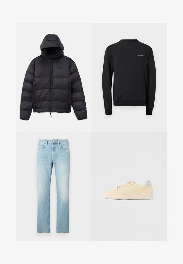 Schwarze Pufferjacke mit Kapuze, die eine kastige Form, gepolsterte Abschnitte, Reißverschlusstaschen und ein kleines Logo-Patch auf der Brust hat.; Schwarzes Sweatshirt mit langen Ärmeln und Rundhalsausschnitt, mit gerippten Bündchen an Ärmel und Saum, versehen mit kleinem weißen "Tiger of Sweden"-Schriftzug auf der linken Brust.; Hellblaue Denim-Jeans mit geradem Bein, ausgestattet mit einem klassischen Fünf-Taschen-Design und einem Knopfverschluss.; Beiger Sneaker in niedrigem Design mit Schnürverschluss vorne, hellrosa Sohle und grauem Fersenlasche mit der Marke "Filling Pieces", seitlich auf neutralem Hintergrund gezeigt.