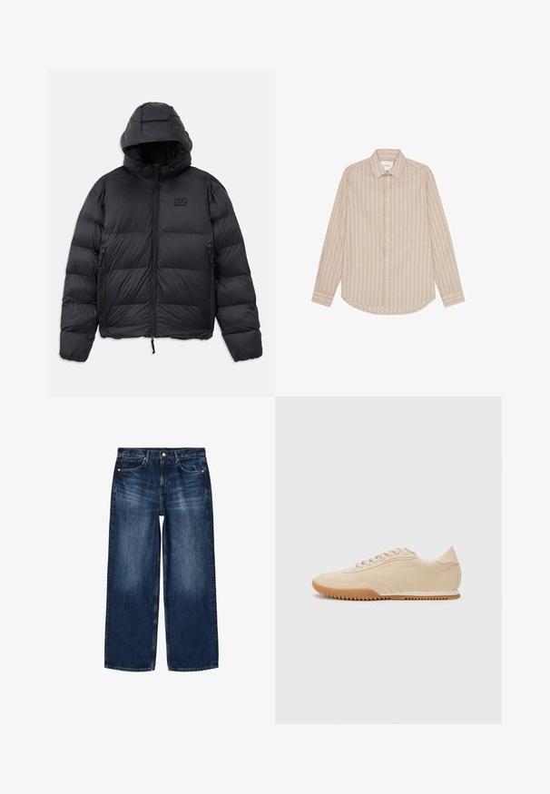 Schwarze Pufferjacke mit Kapuze, die eine kastige Form, gepolsterte Abschnitte, Reißverschlusstaschen und ein kleines Logo-Patch auf der Brust hat.; Beige Langarmhemd mit vertikalen weißen Streifen, Button-Down-Kragen und abgerundetem Saum. Verfügt über weiße Knöpfe und eine dezente Logo-Stickerei.; Dunkelblaue Jeans mit geradem Bein, vorderen Taschen, Gürtelschlaufen und einem Knopf- und Reißverschluss, flach auf weißem Hintergrund dargestellt.; Beige Wildledersneaker mit einem schlanken Design, einer strukturierten Oberseite, abgerundetem Fuß und einer Gummisohle mit Zickzackmuster.