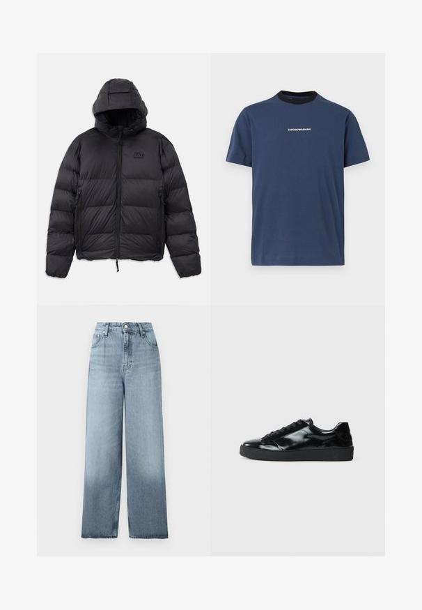 Schwarze Pufferjacke mit Kapuze, die eine kastige Form, gepolsterte Abschnitte, Reißverschlusstaschen und ein kleines Logo-Patch auf der Brust hat.; Marineblaue Kurzarm-T-Shirt mit schwarzem Rundhalsausschnitt und kleinem weißem Emporio Armani Logo mittig auf der Brust.; Hellblaue, hoch taillierte Jeans mit weitem Bein, Knopf- und Reißverschluss, Fronttaschen und Gürtelschlaufen auf einfarbigem Hintergrund.; Schwarze Lackledersneaker mit runder Zehenform, Schnürdesign, strukturiertem Gummisohle und glatter Oberfläche.