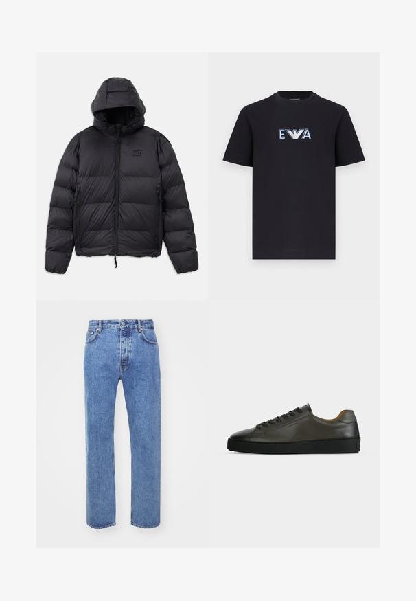 Zwarte pufferjack met capuchon, met een boxy vorm, gestikte secties, ritssluitingen zakken en een klein logopatch op de borst.; Zwart T-shirt met korte mouwen met een blauw-wit "EVA" logo en een gestileerd adelaar-embleem in het midden van de borst.; Won Hundred STEVE - Relaxed fit jeans - cut blue; Donkergrijze leren lage sneaker met zwarte veters en zool, minimalistisch ontwerp, zijaanzicht op een effen lichte achtergrond.