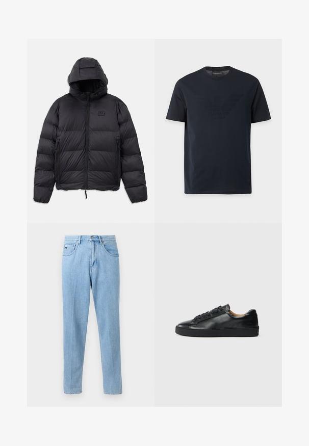 Schwarze Pufferjacke mit Kapuze, die eine kastige Form, gepolsterte Abschnitte, Reißverschlusstaschen und ein kleines Logo-Patch auf der Brust hat.; Schwarzes T-Shirt mit kurzen Ärmeln und Rundhalsausschnitt, mit einem dezenten, erhabenen Adler-Logo auf der Brust und einem Markenetikett innen im Kragen.; Hellblaue Jeans mit geradem Bein, ausgestattet mit Vordertaschen, Gürtelschlaufen und Knopfverschluss vor neutralem Hintergrund.; Schwarze Leder-Sneaker mit glatter Textur, runder Zehenpartie und Schnürverschluss. Verfügt über eine dicke Gummisohle und minimalistische Marken-Details.