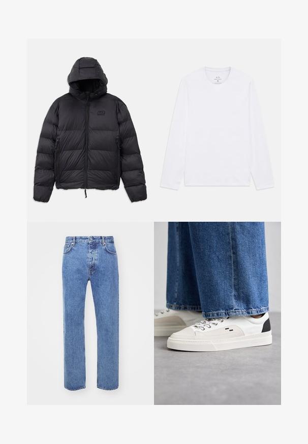 Schwarze Pufferjacke mit Kapuze, die eine kastige Form, gepolsterte Abschnitte, Reißverschlusstaschen und ein kleines Logo-Patch auf der Brust hat.; Weiße Langarmshirts mit Rundhalsausschnitt und Armani Exchange-Logo im Nacken, Größe M.; Won Hundred STEVE - Jeans Relaxed Fit - cut blue; Weiße und schwarze Sneaker mit einem Obermaterial aus glattem Leder, strukturierten Akzenten und einer massiven weißen Sohle. Verfügt über ein klassisches Schnürdesign.