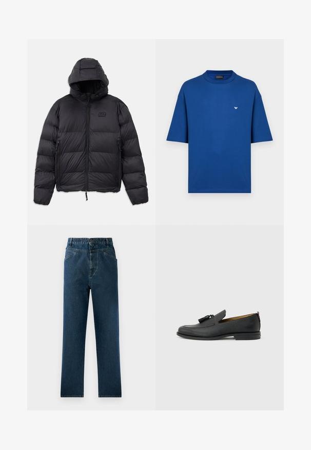 Zwarte pufferjack met capuchon, met een boxy vorm, gestikte secties, ritssluitingen zakken en een klein logopatch op de borst.; Koningsblauw T-shirt met korte mouwen, gemaakt van katoen, voorzien van een ronde hals en een klein wit adelaarlogo op de linkerborst.; Donkerblauwe spijkerbroek met rechte pijpen en een hoge taille, voorzien van voorzakken en een knoopsluiting. Gelaagd materiaal met subtiele vervaging.; Zwarte leren herenslof met kwastjes, ronde neus, lage hak en trekkoord aan de achterkant, zijaanzicht op lichtgrijze achtergrond.