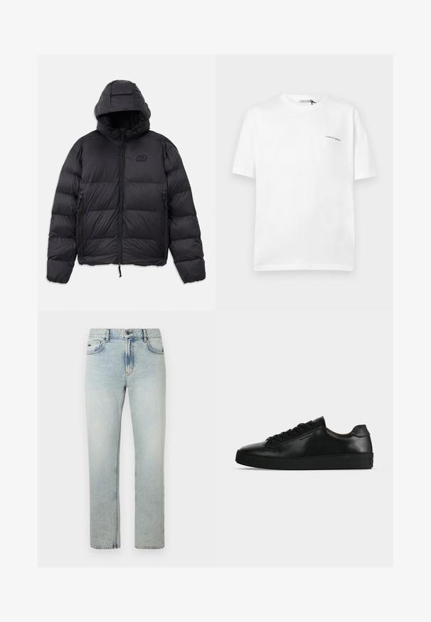Zwarte pufferjack met capuchon, met een boxy vorm, gestikte secties, ritssluitingen zakken en een klein logopatch op de borst.; Wit T-shirt met korte mouwen en ronde hals, met een klein "Tiger of Sweden" tekstlogo op de linkerborst.; Lichtblauwe spijkerbroek met rechte pijpen, voorzien van een vijfzakkenontwerp, een knoopsluiting en subtiele vervaagde details.; Zwarte lage leren sneaker met zwarte veters en een dikke zwarte zool, getoond van opzij tegen een lichtgrijze achtergrond.