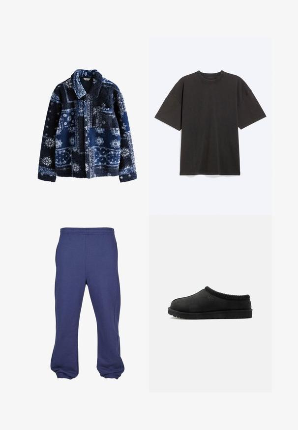 Námornícky fleece kabát s textúrovaným, nadýchaným povrchom, ktorý obsahuje geometrický vzor v svetlejších odtieňoch a golier, s jednou vreckom na hrudi.; Čierne oversized tričko s krátkym rukávom a okrúhlym výstrihom, položené na svetlošedom pozadí.; Námornícke modré tepláky z mäkkej látky, s elastickým pásom a manžetami, s voľným strihom a bočnými vreckami.; Čierna UGG papuča na natiahnutie s mäkkou podrážkou a pletenou úpravou okolo goliera, bočný pohľad na bielom pozadí.