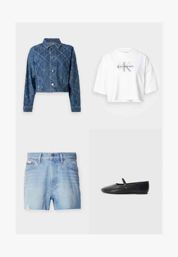 Veste en denim raccourcie bleu foncé avec un motif matelassé en losanges, fermetures à boutons et col pointu. Détail cousu visible.; T-shirt blanc court avec manches surdimensionnées, arborant un grand logo "CK" gris et "Calvin Klein" noir centré sur le devant.; Short en jean denim bleu clair avec bouton à l'avant, passants pour ceinture, deux poches avant et légers détails usés sur les côtés et l'ourlet.; Ballerines noires en cuir avec un bout pointu, une semelle plate et une petite sangle avec un détail de boucle en argent.