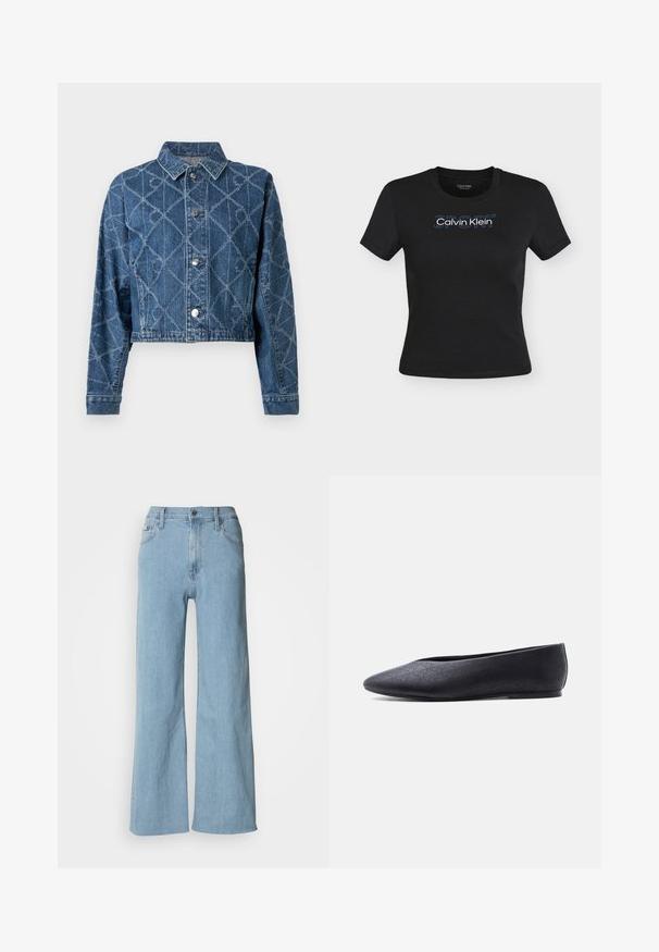 Veste en denim raccourcie bleu foncé avec un motif matelassé en losanges, fermetures à boutons et col pointu. Détail cousu visible.; T-shirt noir ajusté à manches courtes avec le logo bleu et blanc « Calvin Klein SPORT » centré sur la poitrine.; Jeans en denim bleu clair à jambes larges, avec une taille cintrée, un design à cinq poches et des détails de couture subtils.; Chaussure de ballet plate noire à bout pointu avec un motif perforé subtil, vue de côté sur fond blanc uni.